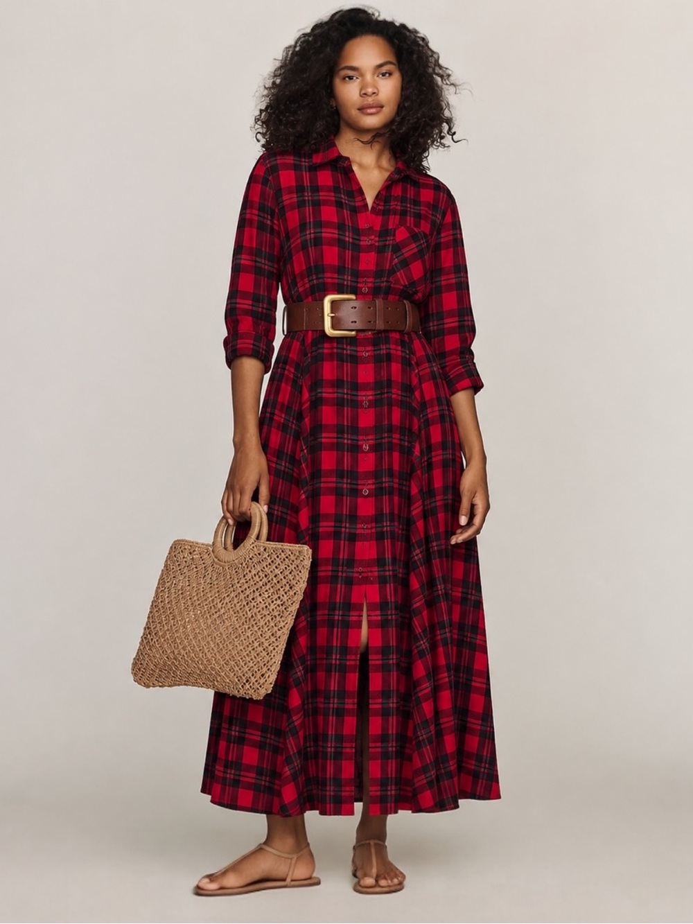 RARE VINTAGE ROCKY STAR RED & BLACK PLAID COTTON SWING MIDI MAXI DRESS Medium